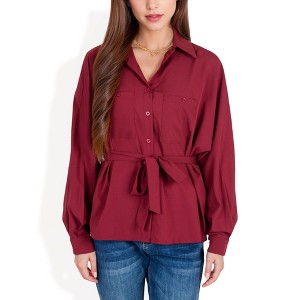 Anna-Kaci Women's Button-Up Shirt with Belted Waist and Utility Pockets - 1 of 4