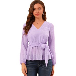 Allegra K Women's Swiss Dots V Neck Long Sleeve Tie Waist Peplum Shirt - 1 of 4