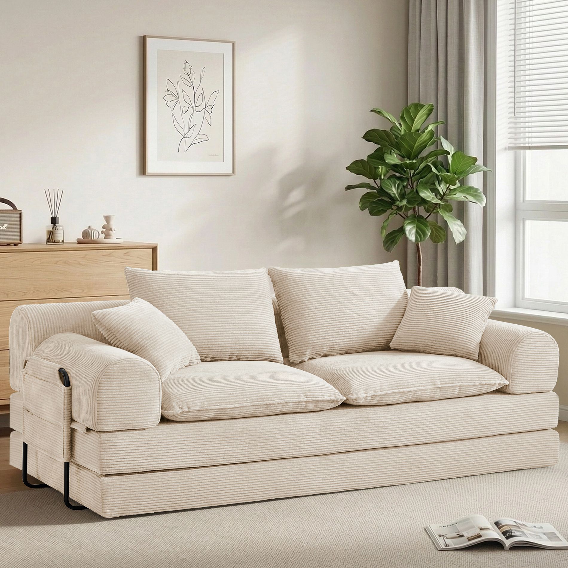 Dyonery 5-in-1 Convertible Sleeper Sofa Bed,79" Corduroy Boneless Folding Futon Cloud Couch,Loveseat Pull Out Couch Bed for Living Room