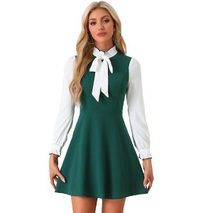 INSPIRE CHIC Women's Elegant Contrast Ruffle Stand Collar Bow Tie Puff Sleeve Office Dress - 1 of 4