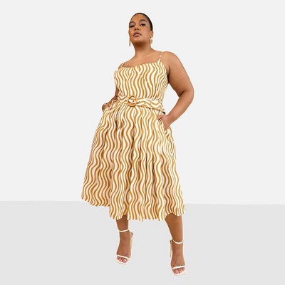 Rebdolls Women's Darling Linen Wavy Stripe Midi A Line Dress W. Pockets