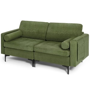 Costway Modern Loveseat 2-Seat Sofa Couch w/ 2 Bolsters & Side Storage Pocket Army Green - 1 of 4