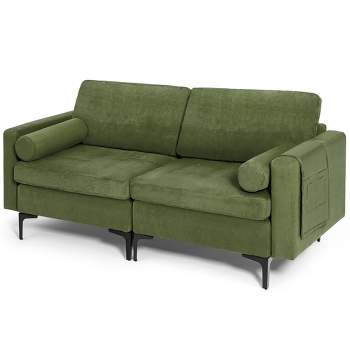 Costway Modern Loveseat 2-Seat Sofa Couch w/ 2 Bolsters & Side Storage Pocket Army Green