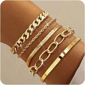 14k Chunky Gold Bracelets for Women Non Tarnish, Womens Gold Bracelet Stack Layered Chunky Chain Bracelets Waterproof Link - 1 of 4