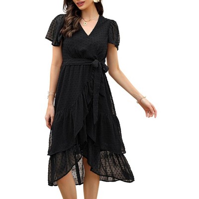 Women's Summer Boho Wrap V Neck Short Sleeve Dress Swiss Dot Belted Ruffle Hem Split Casual Maxi Wedding Dress 2024