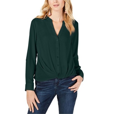 I.N.C International Concepts Womens Twist-Front Button Up Shirt, Green, Medium