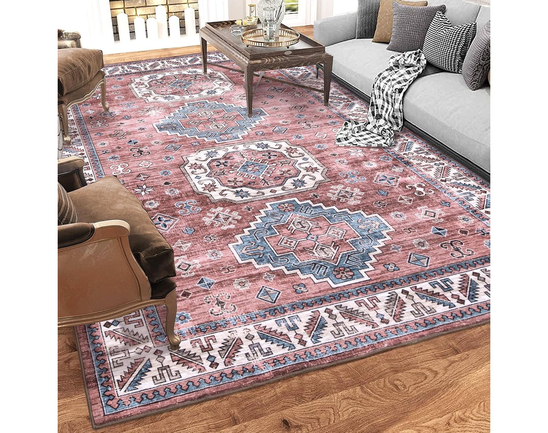 9x12 Area Rug for Living Room Bedroom Machine Washable Stain-Resistant Rugs Vintage Carpet Non-Slip Low Pile Distressed Fade-Resistant Pink