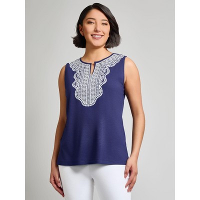 Jones New York Sleeveless Split Neck Embroidered Tank
