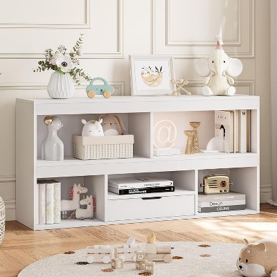 2 Tier Toy Organizers and Storage, 5 Cube Bookcase Wooden Open Bookshelf with Drawers, Floor Standing Storage Cabinet Low Display Shelves