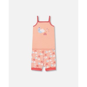 Deux par Deux Girl Organic Cotton Tank Top and Shorts Pajama Set Rainbow on Light Coral - 1 of 3