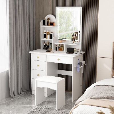 FUFU&GAGA Makeup Vanity Set with Mirror and Stool Drawer and Shelf