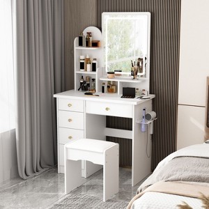 FUFU&GAGA Makeup Vanity Set with Mirror and Stool Drawer and Shelf - 1 of 4