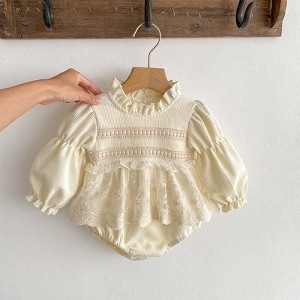 MyKids-USA Baby Girls Long Sleeves Embroidery Lace Trim Onesie - 1 of 4