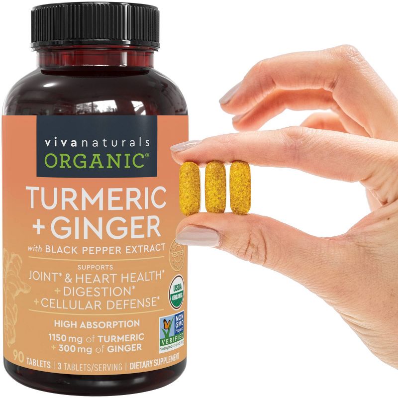 Viva Naturals Organic Turmeric Curcumin + Ginger with Organic Black Pepper Extract Tablets - 90ct, 6 of 9