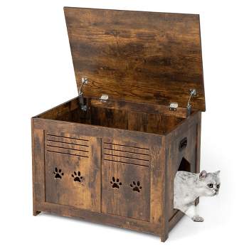 Tangkula Wooden Cat Litter Box Enclosure Flip-Top Hidden Washroom Bench w/ Side Entrance