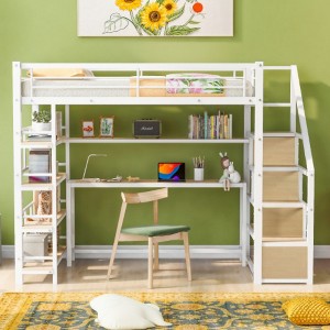 Full Size Metal Loft bed with Staircase, Built-in Desk and Shelves, Black - 1 of 3
