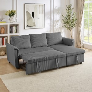 L-Shaped Sectional Sofa, Corduroy Tufted Upholstered Modular Convertible Sleeper Sofa with Pull-Out Bed, Reclining Backrest & Storage Chaise - 1 of 4