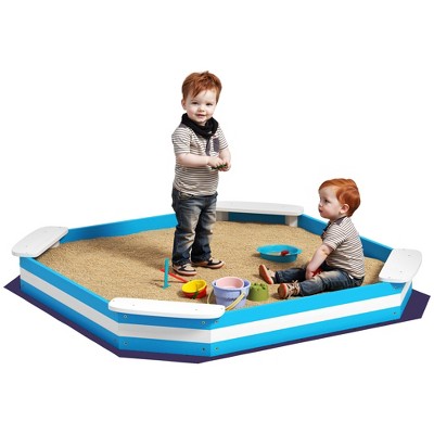 Qaba Sandbox for Kids, Outdoor Wooden Sand Pit with 4 Corner Seats, Bottom Liner for Backyard, Garden, 52" x 52" x 6", Blue