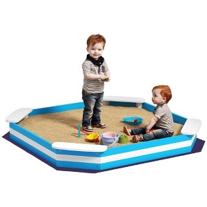Qaba Sandbox for Kids, Outdoor Wooden Sand Pit with 4 Corner Seats, Bottom Liner for Backyard, Garden, 52" x 52" x 6", Blue - 1 of 4