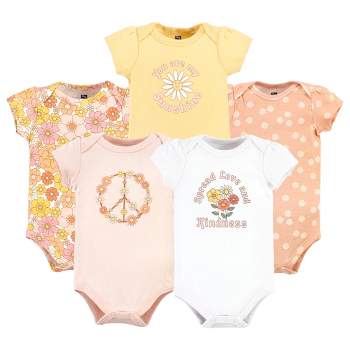 Hudson Baby Infant Girl Cotton Bodysuits, Peace Love Flowers 5 Pack