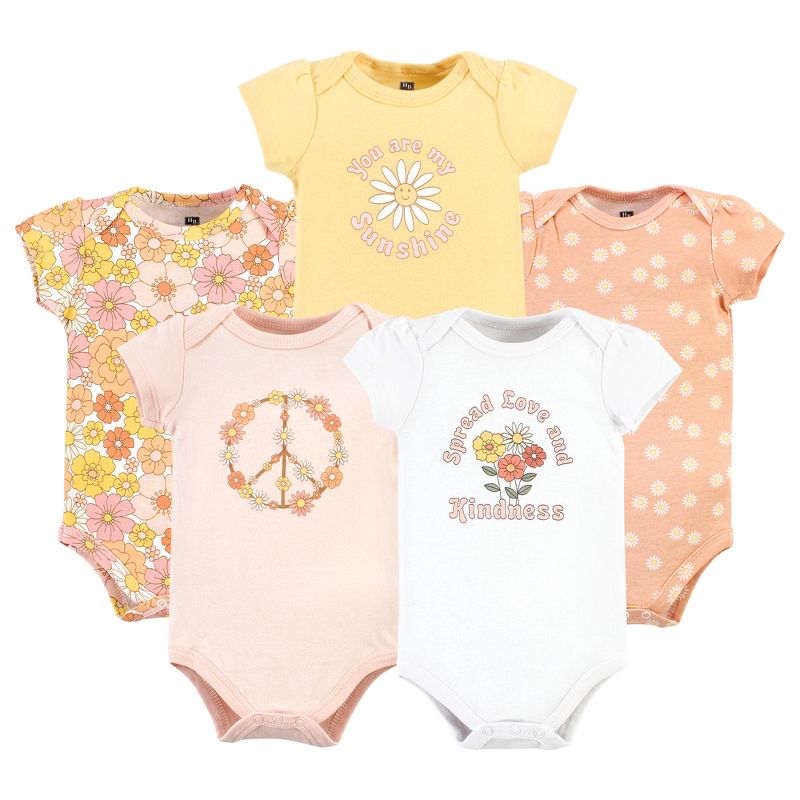 Hudson Baby Infant Girl Cotton Bodysuits, Peace Love Flowers 5 Pack, 1 of 8