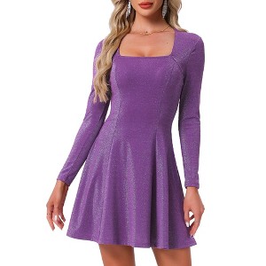 INSPIRE CHIC Women's Sparkly Square Neck Long Sleeve Cocktail Club A-Line Evening Party Dress - 1 of 4