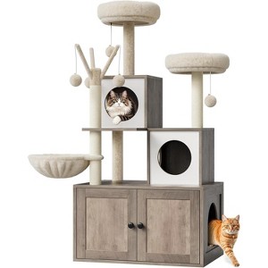 57.5 Inch Hidden Litter Box Enclosure with Cat Tree ＆ Condo, Modern 2 in 1 Cat Tree Tower with 2 Observation - 1 of 4