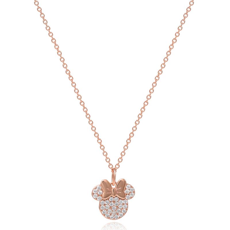 Disney Minnie Mouse Brass Flash Rose Gold Plated CZ Pave Pendant with 16"+2" Chain, 3 of 4