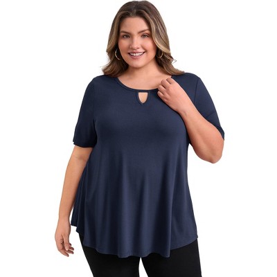 GRACE & GRANDEUR Women's Plus Size Keyhole V Neck Short Sleeve Swing Casual Knit Blouses