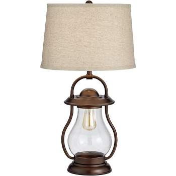 Franklin Iron Works Fredrik Rustic Industrial Table Lamp 27" Tall Bronze Lantern with LED Nightlight Burlap Drum Shade for Bedroom Bedside Office Home