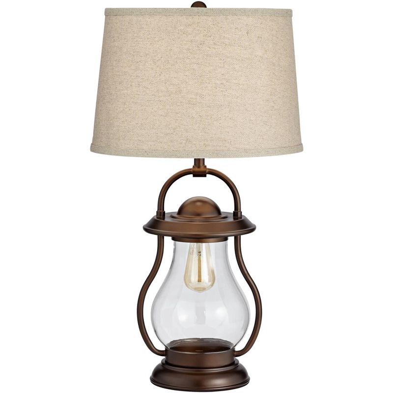Franklin Iron Works Fredrik Rustic Industrial Table Lamp 27" Tall Bronze Lantern with LED Nightlight Burlap Drum Shade for Bedroom Bedside Office Home, 1 of 8