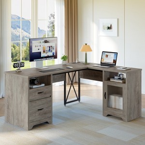Bestier Farmhouse L Shaped Desk with Drawers, 63" Office Computer Corner Desk with Charging Station,Cabinet & Modesty Panel for Home Office - 1 of 4