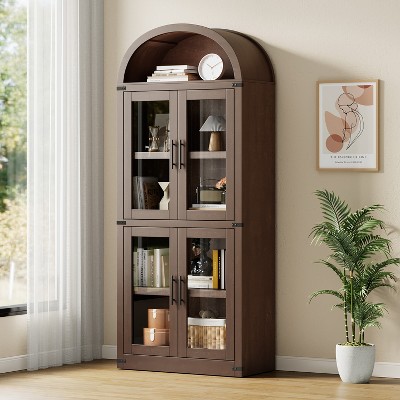 Arched Bookcase with Doors Tall Bookshelf Display Storage Shelves 71.4in Deep Wooden Cabinet Farmhouse Bookcases