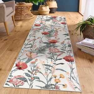 Floral Print Area Rugs Farmhouse Accent Rug with Non-Slip Backing, Washable Soft Low Pile Indoor Floor Mats for Bedroom, Living Room - 1 of 4