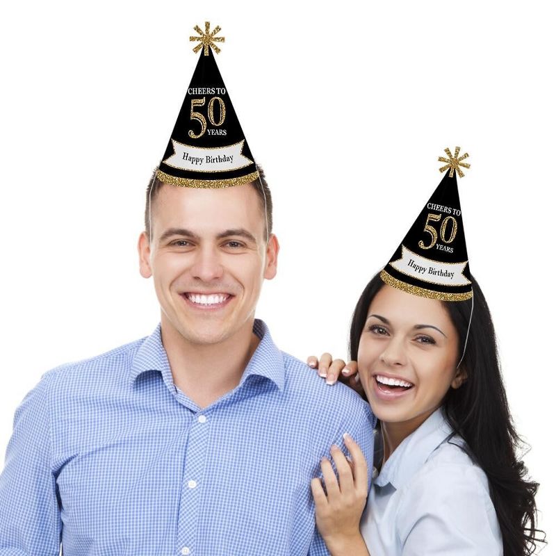 Big Dot of Happiness Adult 50th Birthday - Gold - Cone Birthday Party Hats for Adults - Set of 8 (Standard Size), 2 of 8