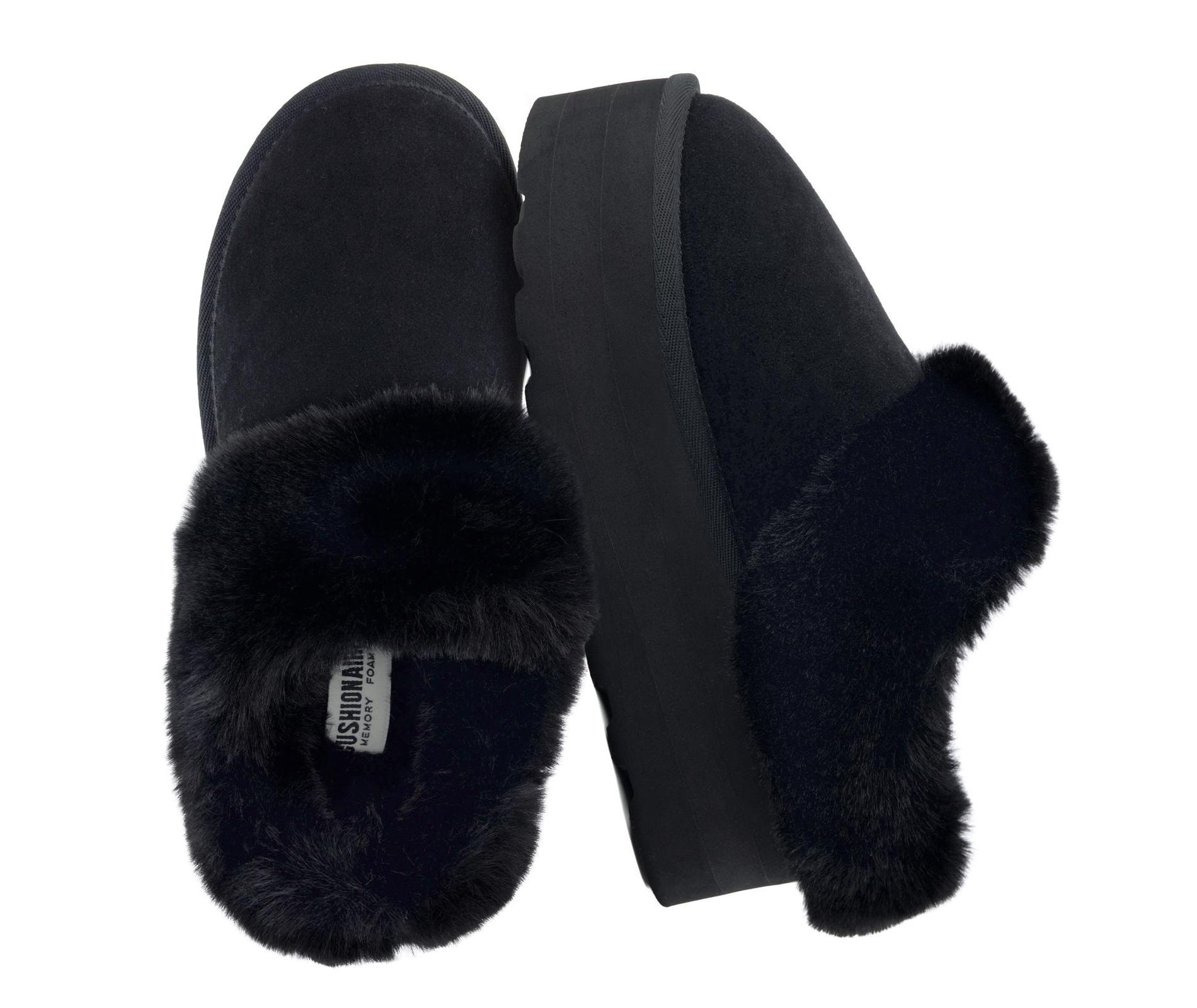 CUSHIONAIRE Husky Women’s Platform Slippers | Genuine Suede, Faux Fur Lining, Memory Foam, Wide Widths | Fuzzy Platform Slippers for Women
