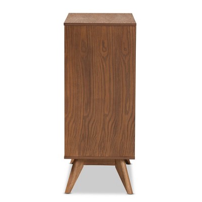 Walnut Brown Mid-Century Wood and Rattan 4-Drawer Chest