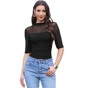 INSPIRE CHIC Women's Mesh Party See Through Ruched Slim Fit Half Sleeve Jumpsuit - 1 of 4