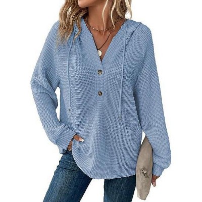 Coolmee Hoodies for Women Knit Long Sleeve Drawstring Button V Neck Casual Pullover Sweatshirt Hooded Tops