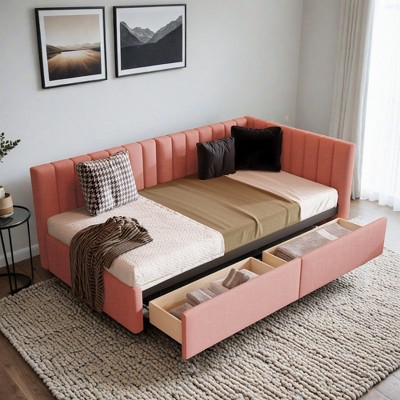 Twin Size Daybed with Storage Drawers, Upholstered Day Bed Frame Mid Century Linen Sofa Beds with Vertical Channel Tufted Headboard - Leovsnove