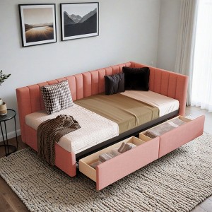 Twin Size Daybed with Storage Drawers, Upholstered Day Bed Frame Mid Century Linen Sofa Beds with Vertical Channel Tufted Headboard - Leovsnove - 1 of 4