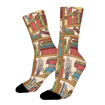 Cat Sleeping Over Bookshelf In Library Women Printed Crew Socks Funny Funky Socks Soft Polyester Novelty Gifts for Artists Men