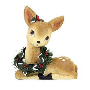 13.25 In Sweet Fawn With Wreath Retro Inspired Deer Figurines - 1 of 3