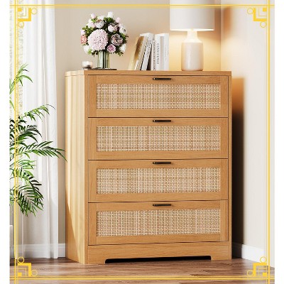 4-Drawer Rattan Dresser with Power Outlets, Modern Wooden Storage Chest for Bedroom, Living Room, Hallway,  Entryway