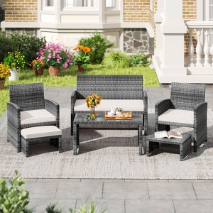 Costway 6PCS Patio Furniture Set Outdoor Sectional Conversation PE Rattan Sofa Set Black/Gray/Navy/Red/White/Turquoise - 1 of 4