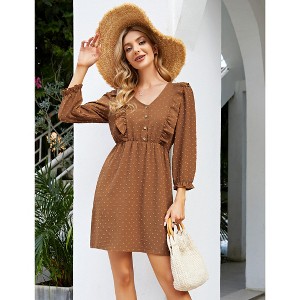 Womens Swiss Dot Ruffle Trim V Neck Button Down Pleated Elastic Waist A-Line Swing Babydoll Dress - 1 of 4