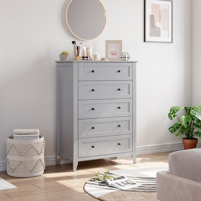 Whizmax White 5 Chest of Drawer Dresser, Tall Nightstand with Deep Drawers and Nickel Round Handle, Wood Storage Cabinet for Bedroom, Living Room