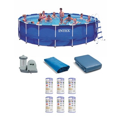 Intex 28253EH 18ft x 48in Metal Frame Swimming Pool Set with 120V 1,500 GPH Cartridge Filter Pump, 6 Filter Cartridges, Ladder, and Ground Cloth