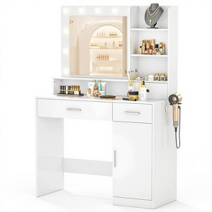 Okak Modern Vanity Desk with 3-Color Adjustable Mirror, Makeup Vanity with Ample Storage and Hair Dryer Holder, Compact Vanity for Bedroom, White - 1 of 4