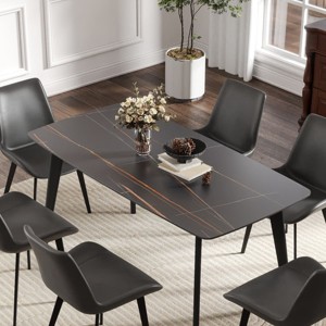 Modern Rectangular Dining Table for 6, Sintered Stone Top Kitchen Table, Curved Edge Table with Black Metal Legs-The Pop Home - 1 of 4